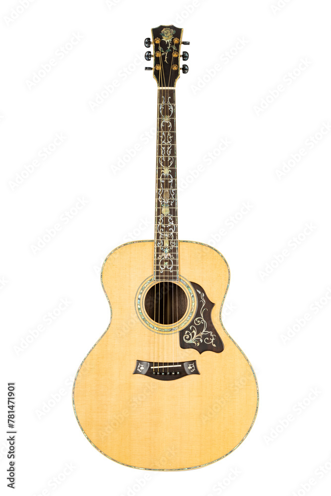 Electric Guitar: Similar to an acoustic guitar, but it relies on electric amplification for sound./guitar on a white background