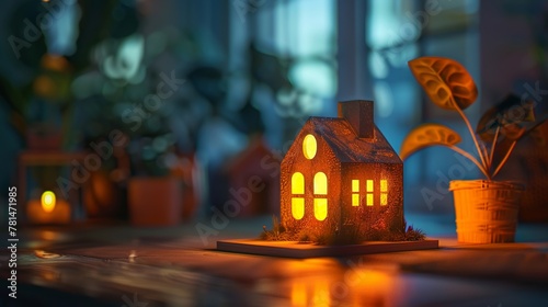 Percent symbols depicting interest on a cube-shaped house, a visual representation of real estate ideas with atmospheric indoor lighting, close-up view showcasing warm tones and vivid colors. photo