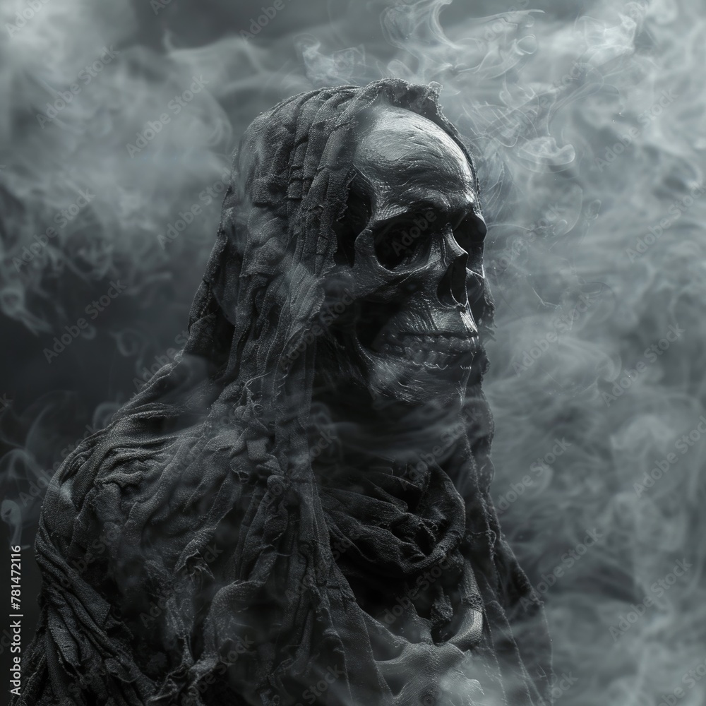 Skeletal remains cloaked in a veil of swirling darkness Skeletal remains cloaked in a veil of swirling darkness