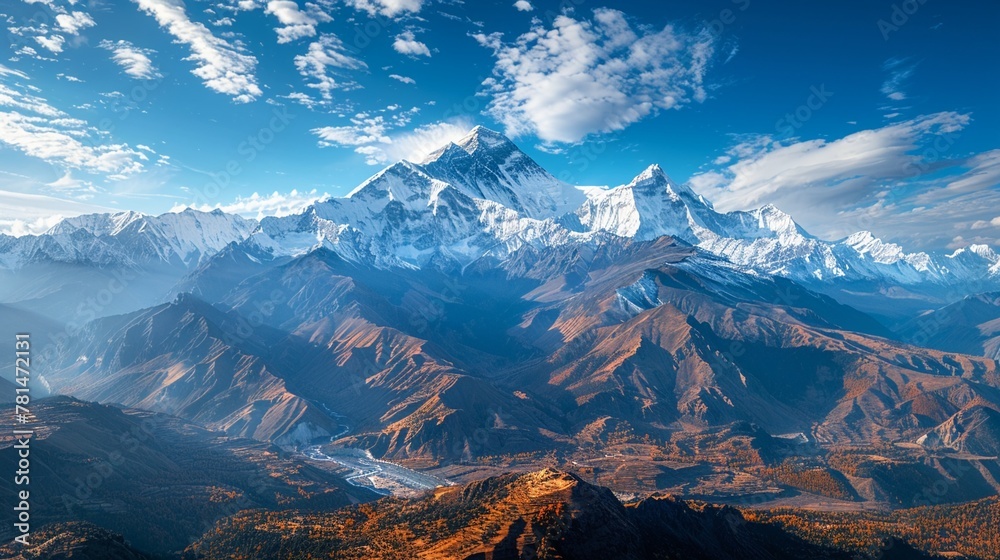 A highaltitude view of a mountain range with snowcapped peaks, expansive nature landscape