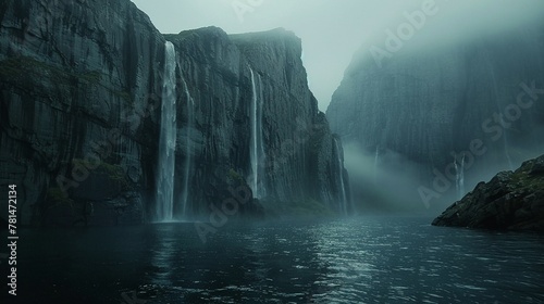 A misty fjord with towering cliffs and waterfalls  serene and majestic nature landscape
