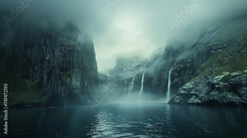 A misty fjord with towering cliffs and waterfalls, serene and majestic nature landscape