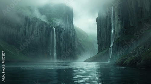 A misty fjord with towering cliffs and waterfalls  serene and majestic nature landscape