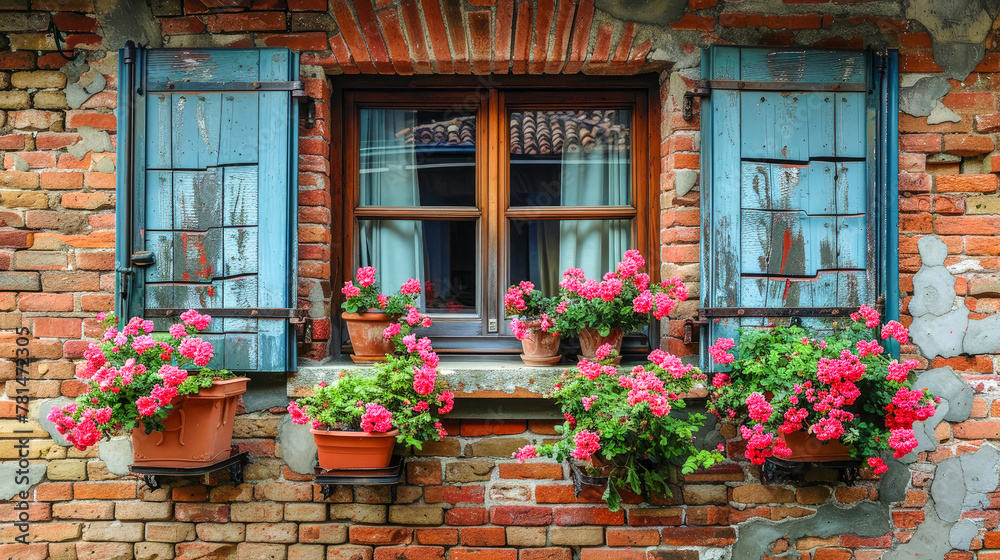Antique wooden window with shutters on facade of old house with blooming flowers in pots. Painted brick wall with partially collapsed plaster. Picturesque view. Atmosphere of calm. Copy space.
