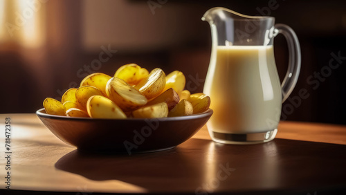Bowl of coarsely chopped fried potatoes and glass jug of milk on wooden table. Delicious food. Aesthetics of rustic still life. Side natural lighting, shadows on table. Cozy home environment.