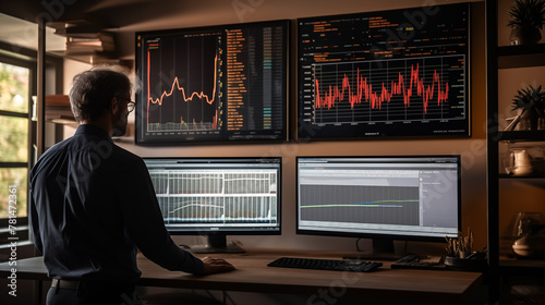 An analyst uses a computer and dashboard for data business analysis and data management system and metrics connected to the database for technology finance, Operations, Sales, Marketing