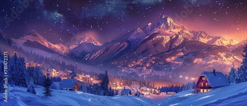 A snowcovered village surrounded by mountains under a starry night sky, winter nature landscape