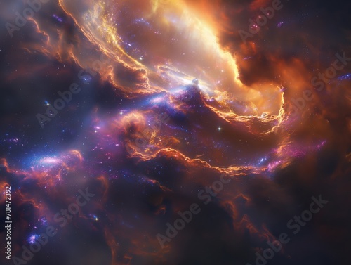A colorful galaxy with a large orange cloud in the middle. The sky is filled with stars and the clouds are orange and purple