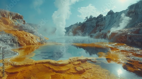 A surreal landscape of geothermal springs with vibrant mineral deposits and steam, otherworldly nature landscape photo