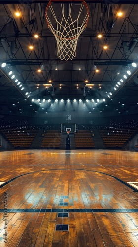 Empty basketball arena with dramatic lighting, view from free throw line in front of goal on the court