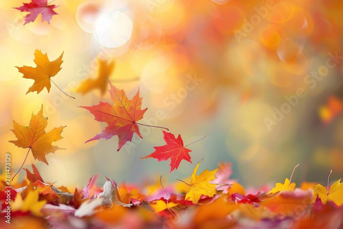 Autumn Leaves Falling in Golden Sunlight Bokeh Background