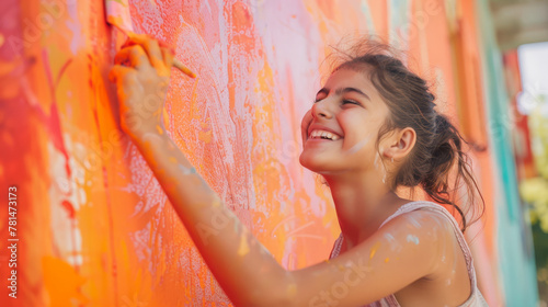 Teenage Girl Creating Colorful Mural with Paint. photo