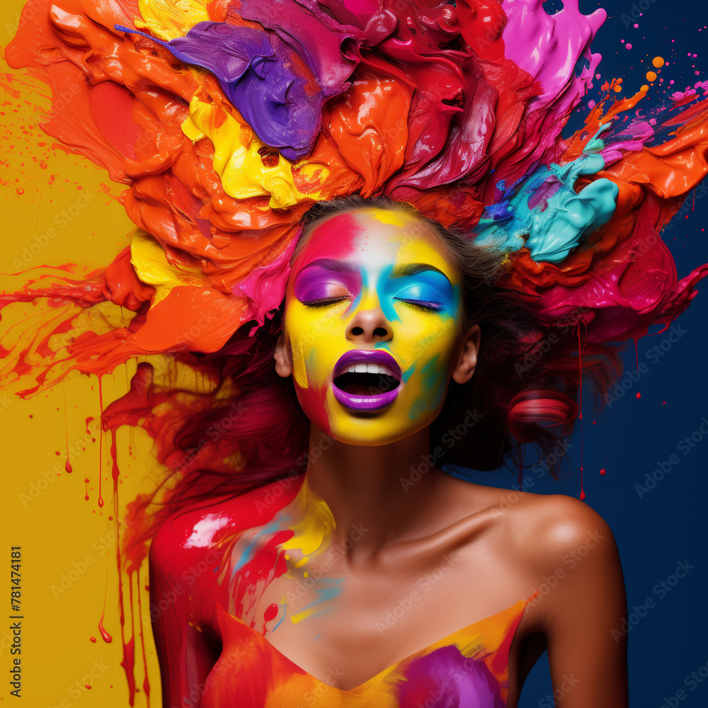 Rainbow Splatter. Dynamic Painted Beauty Portrait