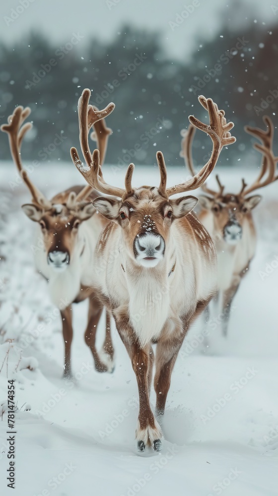 Reindeer running in snowy field under sky Reindeer running in snowy field under sky