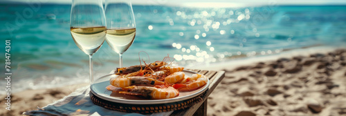 Romantic Beachside Dinner for Two with Seafood and White Wine