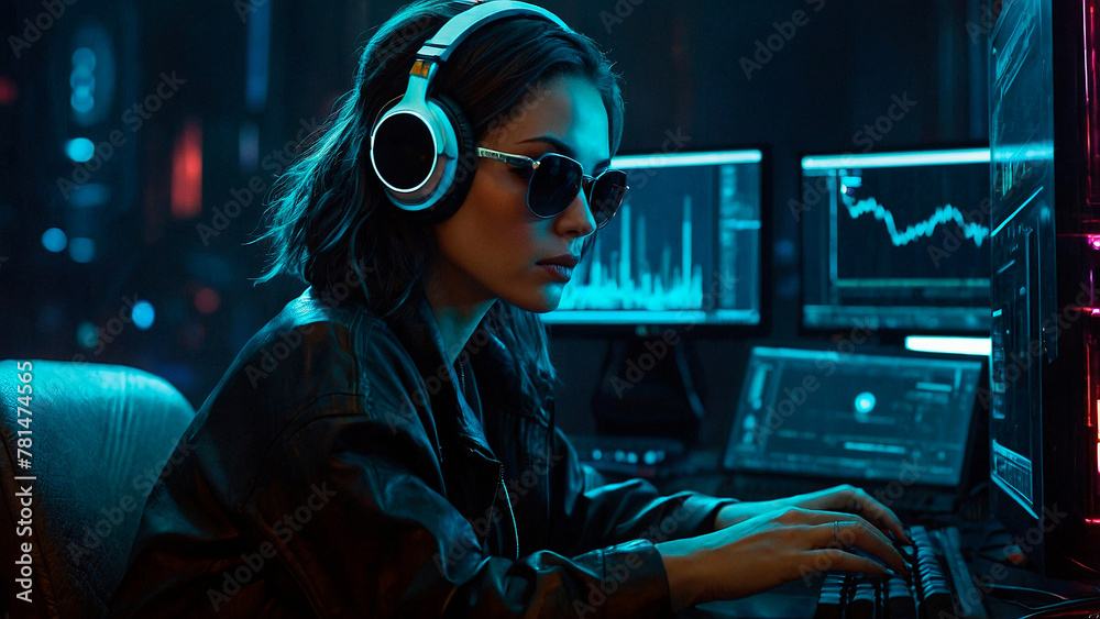 Attractive woman hacker programmer in sunglasses in front of a computer with headphones on. Futuristic hacking programming photography illustration. Retrofuturism neon color palette digital artwork. Attractive woman hacker programmer in sunglasses in front of a computer with headphones on. Futuristic hacking programming photography illustration. Retrofuturism neon color palette digital artwork.