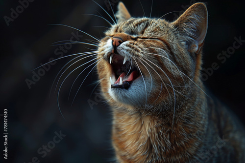 Whiskered Tabby Cat Yawning with Mouth Wide Open