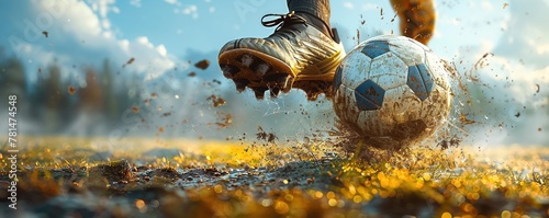 Side view of football boot kicking a soccer ball photo