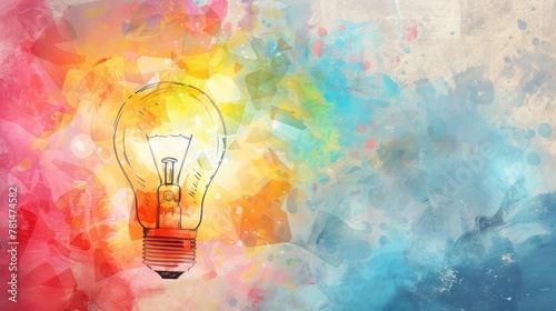A bright light bulb with colorful grunge drawn texture background. AI generated image