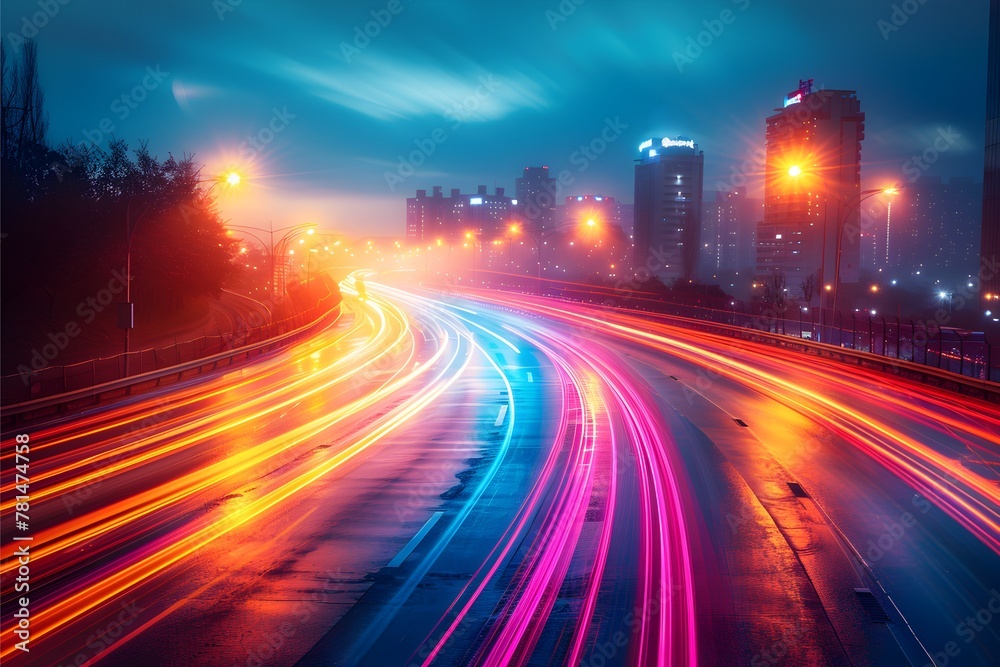 A long-exposure photograph of traffic trails on a busy city street A long-exposure photograph of traffic trails on a busy city street
