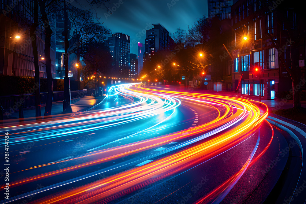 A long-exposure photograph of traffic trails on a busy city street