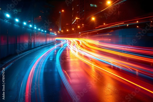 A long-exposure photograph of traffic trails on a busy city street
