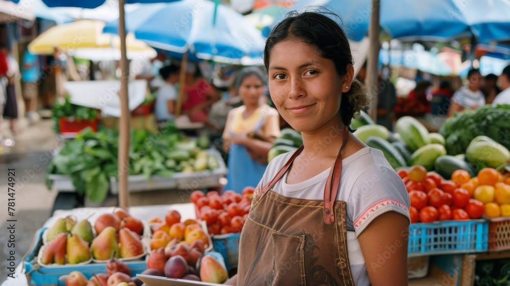 A latín woman in a farmers market holding a tablet