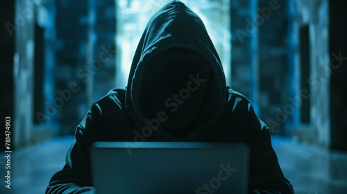 A man is sitting in a dark room with a laptop in front of him
