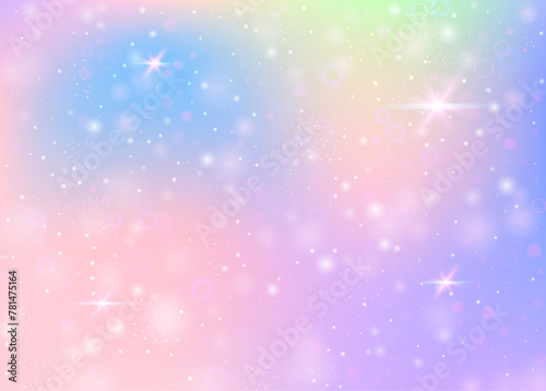 Magic background with rainbow mesh. Multicolor universe banner in princess colors. Fantasy gradient backdrop with hologram. Holographic magic background with fairy sparkles, stars and blurs. © Holo Art