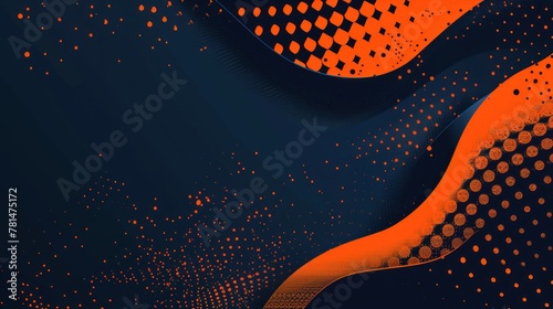 Abstract orange halftones dots texture on dark navy blue background. AI generated image