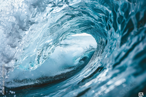 The crystal-clear barrel of a wave captured from inside  with a sunny blue sky above and sparkling water all around.