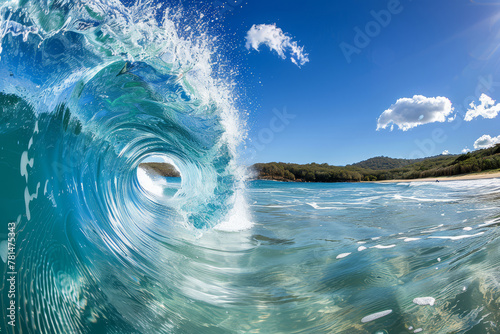 The crystal-clear barrel of a wave captured from inside, with a sunny blue sky above and sparkling water all around.