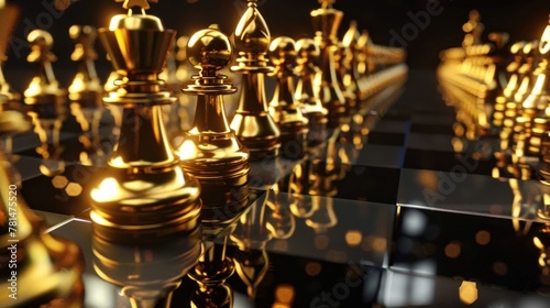 Luxury golden chess pieces on chessboard on blur background. AI generated image