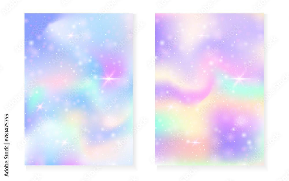 Rainbow background with kawaii princess gradient. Magic unicorn hologram. Holographic fairy set. Bright fantasy cover. Rainbow background with sparkles and stars for cute girl party invitation. Rainbow background with kawaii princess gradient. Magic unicorn hologram. Holographic fairy set. Bright fantasy cover. Rainbow background with sparkles and stars for cute girl party invitation.