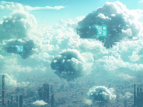 A city is shown in the sky with a few clouds and a few flying objects. The flying objects are shaped like buildings and are surrounded by a blue sky. Scene is futuristic and imaginative