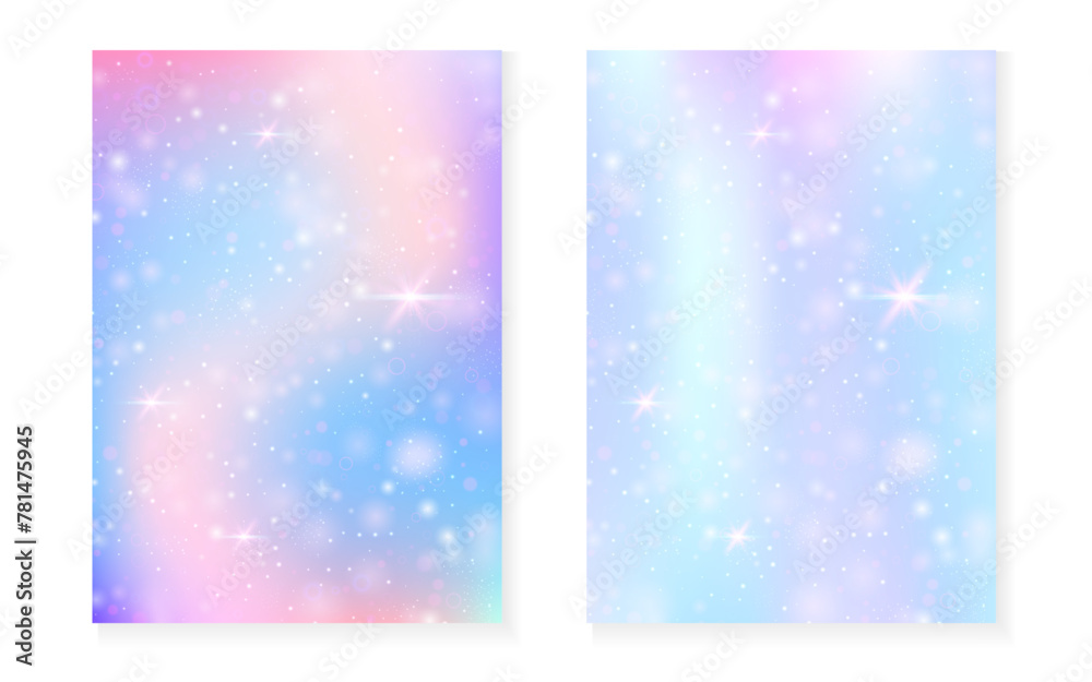 Princess background with kawaii rainbow gradient. Magic unicorn hologram. Holographic fairy set. Colorful fantasy cover. Princess background with sparkles and stars for cute girl party invitation. Princess background with kawaii rainbow gradient. Magic unicorn hologram. Holographic fairy set. Colorful fantasy cover. Princess background with sparkles and stars for cute girl party invitation.