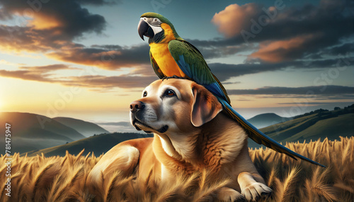 Lively parrot perched on a relaxed dog, both gazing into the horizon, a scene embodying improbable animal friendships.