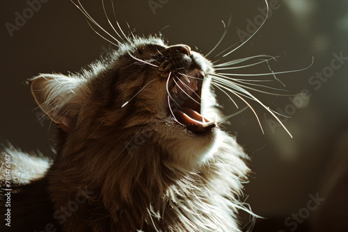 Majestic Fluffy Cat Yawning in Sunlit Room