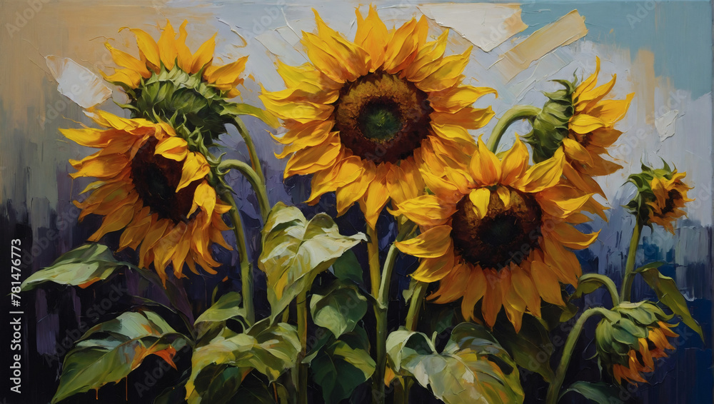 Expressionist oil painting of Yellow sunflowers, with bold strokes and intense colors, using a palette knife.