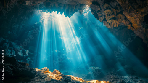 A mysterious passage in the cave illuminated by delicate rays of sunlight. Tajemnicze przej  cie w jaskini o  wietlone delikatnymi promieniami s  o  ca