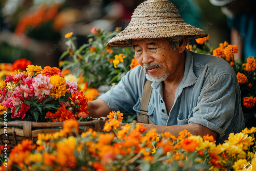 Senior Asian Florist Arranging Flowers at Marketplace