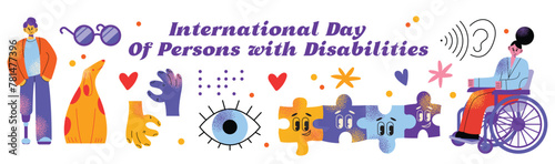 Group of diverse happy smiling disabled people and guide dog, eye, puzzle, sign language, braille with an assortment of different handicaps , vector illustration isolated on a white background