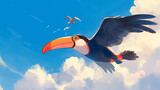 Tucano voando no céu azul - Ilustração