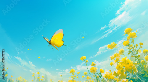 Borboleta amarela voando no céu azul - Ilustração © Vitor