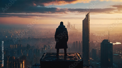 A silhouette of man standing on top of a skyscraper platform. Dystopian futuristic cityscape cyberpunk megapolis illustration. Scenic retrofuturism city sunrise horizon view. photo
