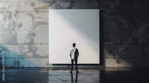 Elegant person standing next to white blank mockup showing it. © Malgorzata