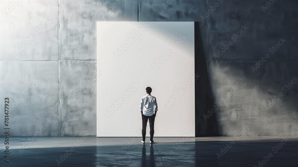 Elegant person standing next to white blank mockup showing it 