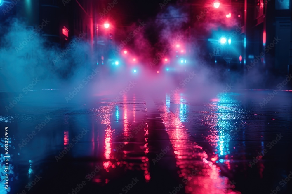 Wet asphalt, reflection of neon lights, a searchlight, smoke. Smoke, smog. Dark background scene of empty street, night view, night city. Neon red and blue light.