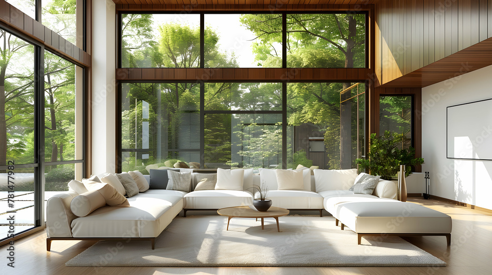 Modern living room interior design in a mid-century style home. White sofa next to ceiling-height window