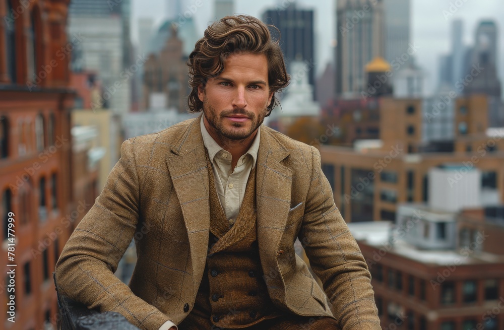 Fashionable young man in a tweed jacket poses with confidence against an urban backdrop Fashionable young man in a tweed jacket poses with confidence against an urban backdrop